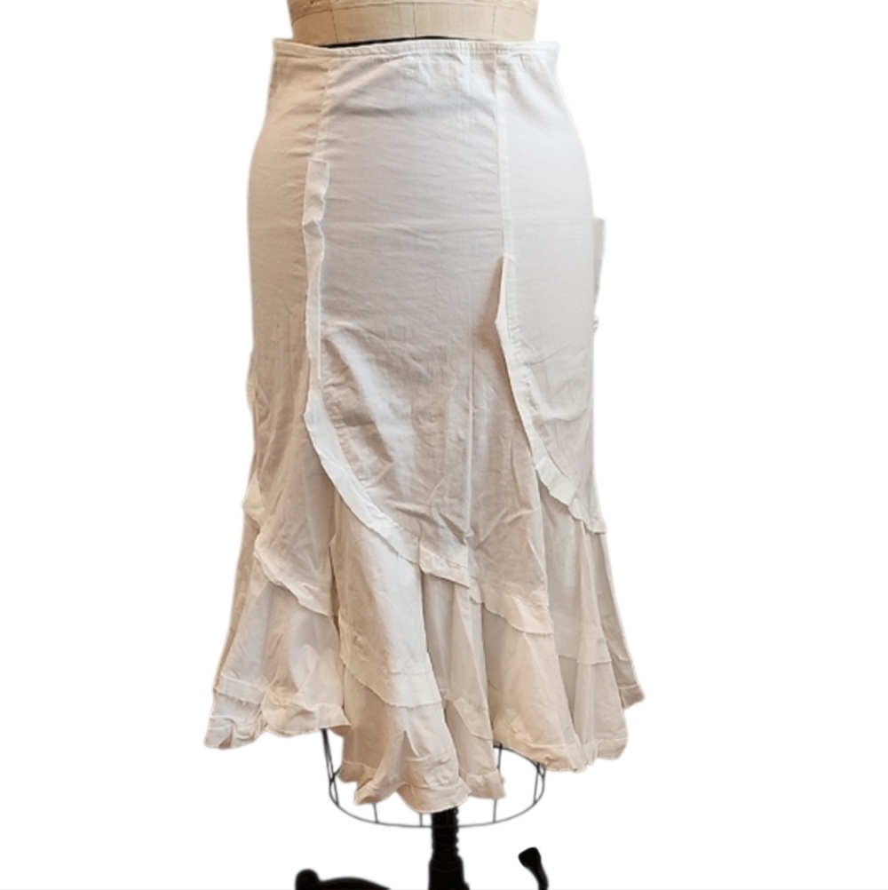 White Ruffled Asymmetrical Midi Skirt 100% Cotton Size S Festival Resort